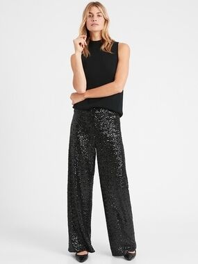 Banana Republic Nwot Black Sequin Wide Leg Pull-On Pants XS | Party Glam